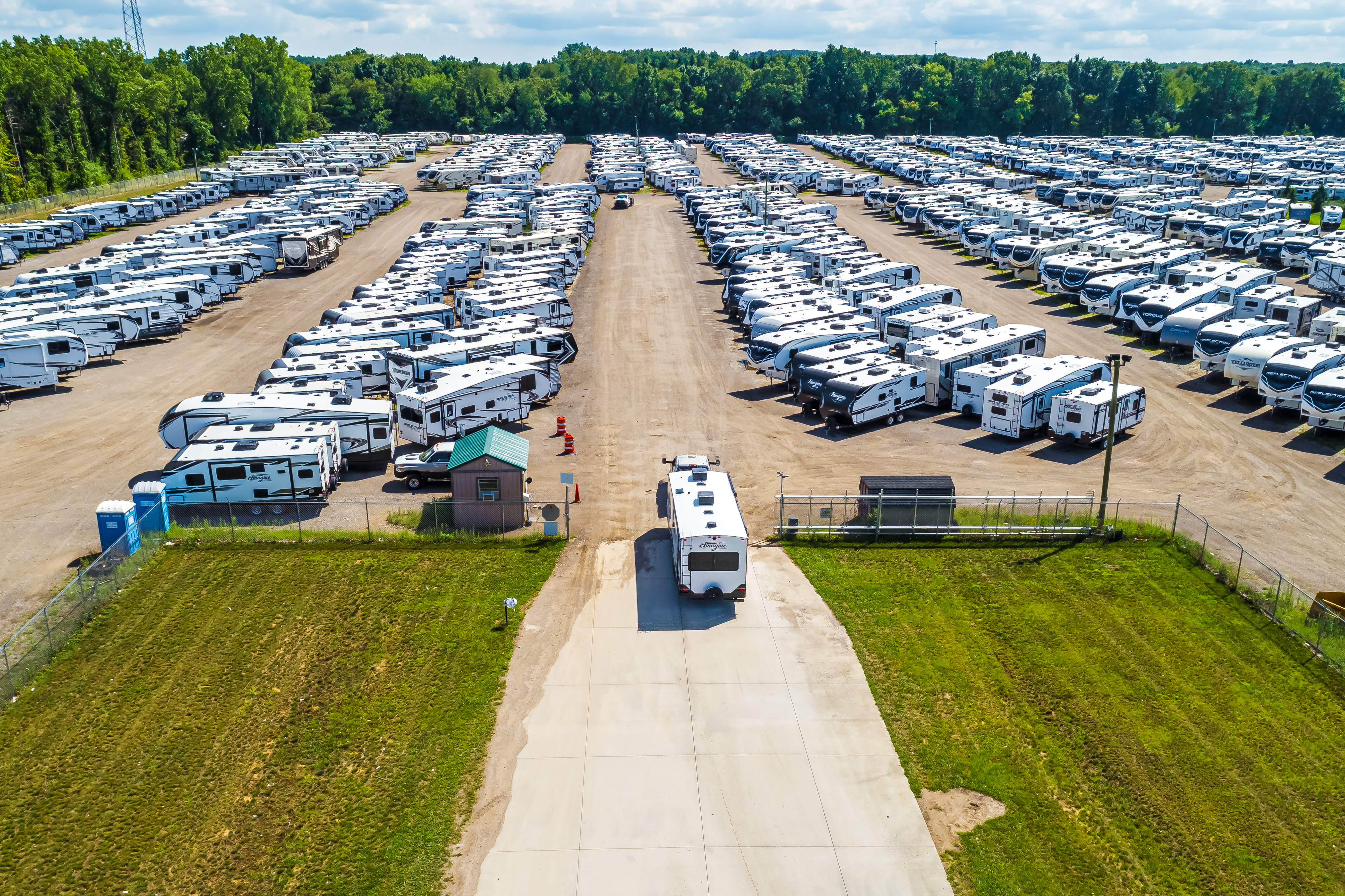 Aerial View of New RV Stock Lot  - Units staged for Transport and Delivery